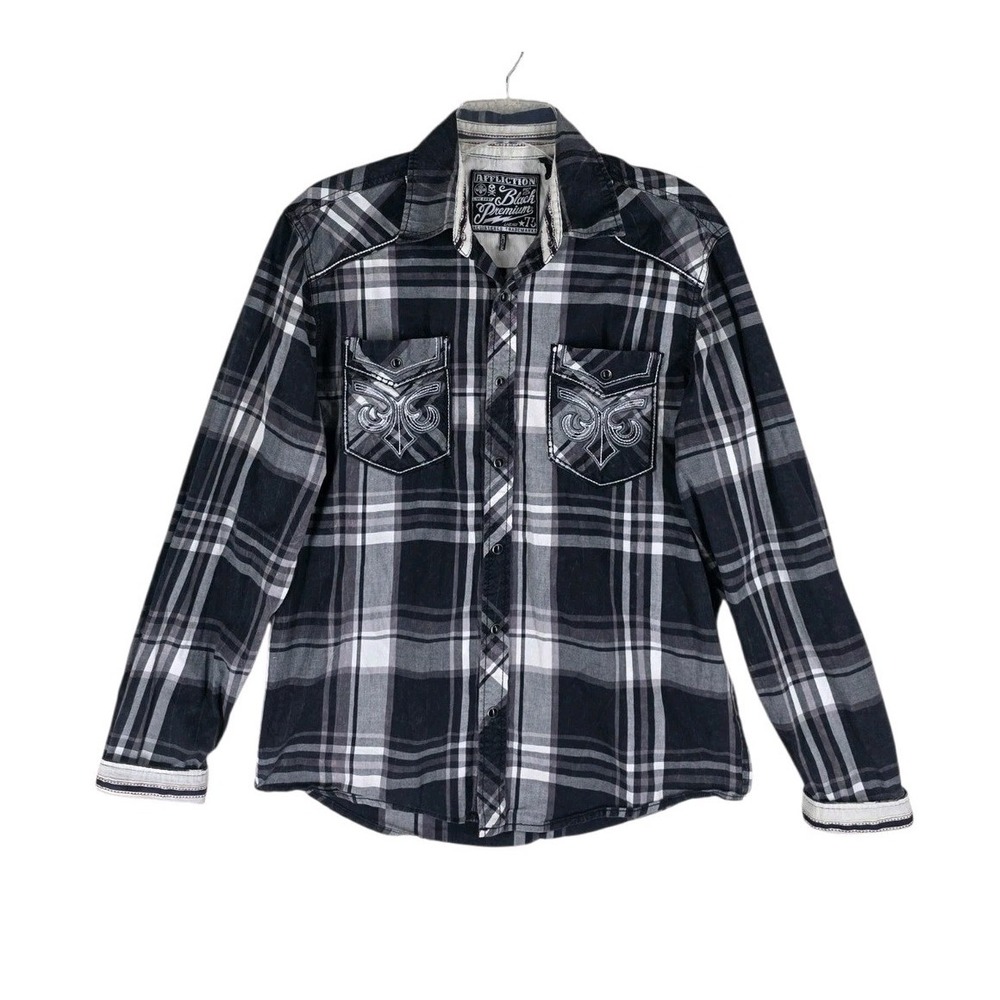 Affliction Black Premium Mens M Plaid Plaid Shirt Live Fast American Metal Y2K
